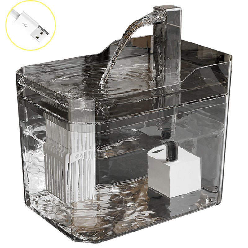 Automatic cat water fountain with filter from Dropshipman, USB-powered self-circulating pet water dispenser, showing the fountain and flowing water.