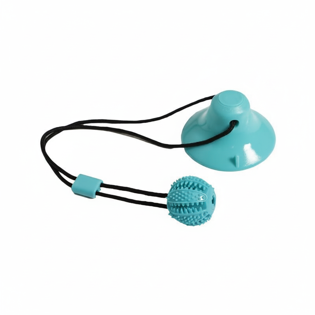 A turquoise pet toy consisting of a suction cup base, a textured ball with raised nubs, and black elastic cords, shown on a plain white background.