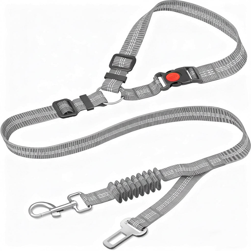 Dropshipman 2-in-1 retractable dog leash and car seatbelt in multi-color nylon, showing handle, leash, and attachment clip.