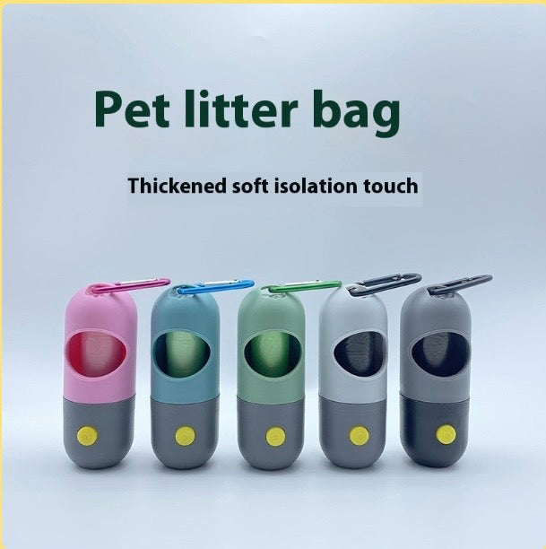Dropshipman LED dog waste bag dispenser with leak-proof poop bags, portable and convenient for outdoor dog cleanup.