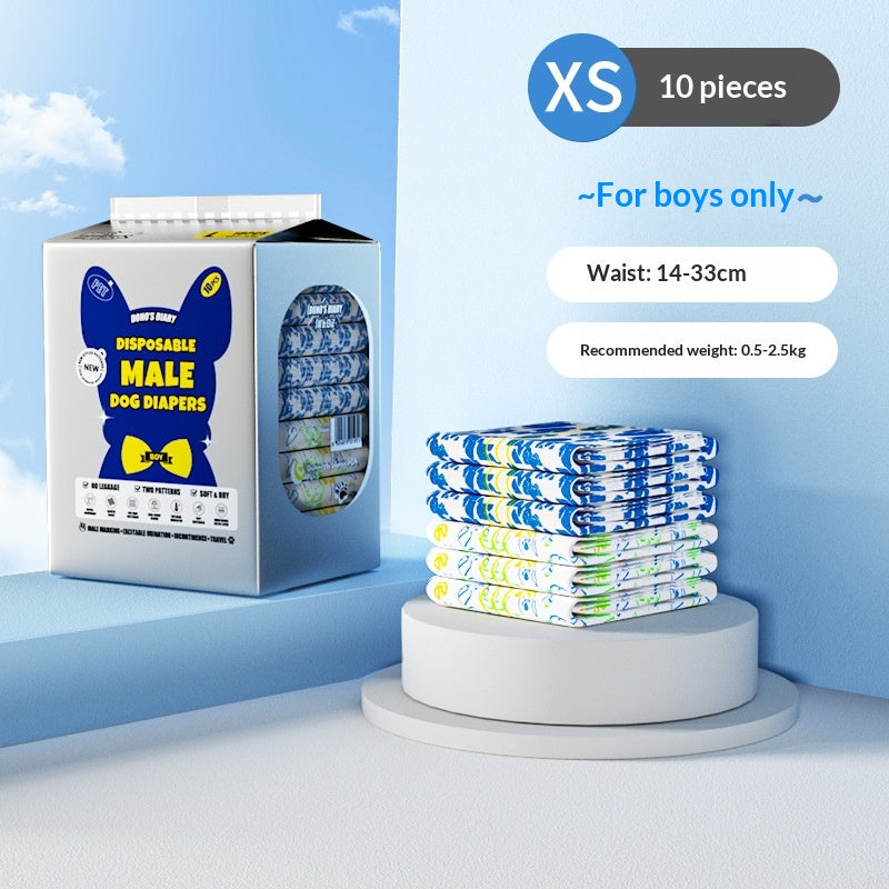 Disposable male dog diapers from Dropshipman, 10-pack, showing adjustable straps and absorbent material for male pets.
