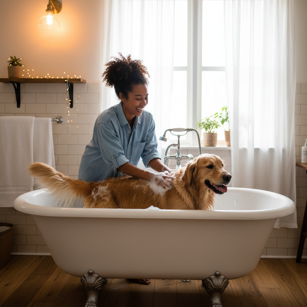 Pet grooming gloves for cats and dogs, five-finger deshedding and massage mitt from Dropshipman, shown during bath-time grooming.