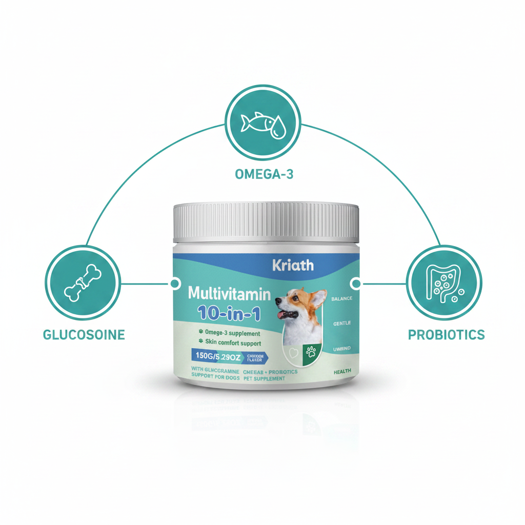 Infographic showing benefits of Dropshipman dog health supplement chewable tablets with glucosamine, probiotics, omega-3, and more.
