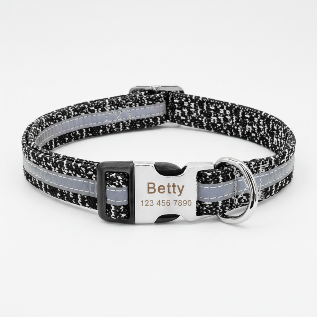 Black reflective monogram dog collar in small, medium, and large sizes, made by Dropshipman, shown in a clean product shot.