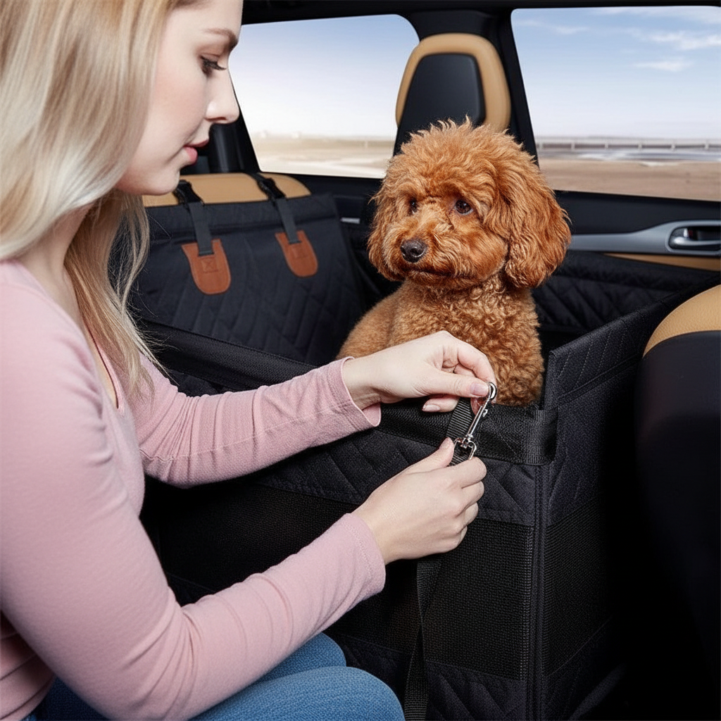 Dog car seat by Dropshipman featuring a waterproof, stain-resistant pet cushion with a buckling harness for secure travel.