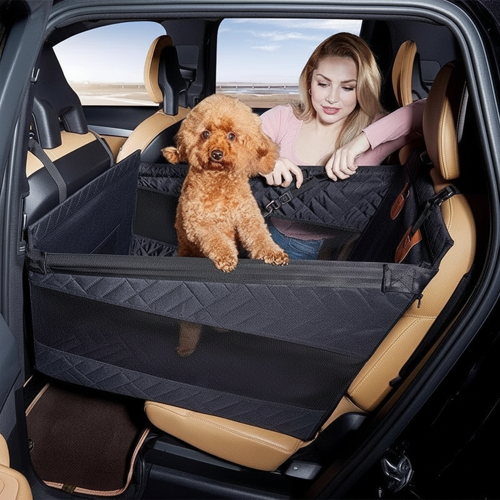 Waterproof and stain-resistant dog car seat with a poodle buckled in, designed for safe and comfortable pet travel by Dropshipman.