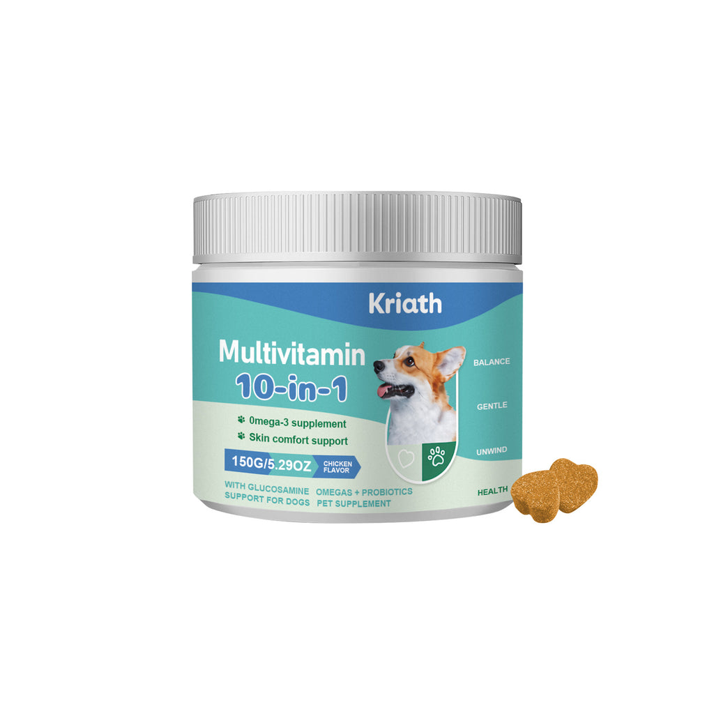 Dog health supplement chewable tablets by Dropshipman with glucosamine, probiotics, omega-3, and other nutrients for overall wellness.