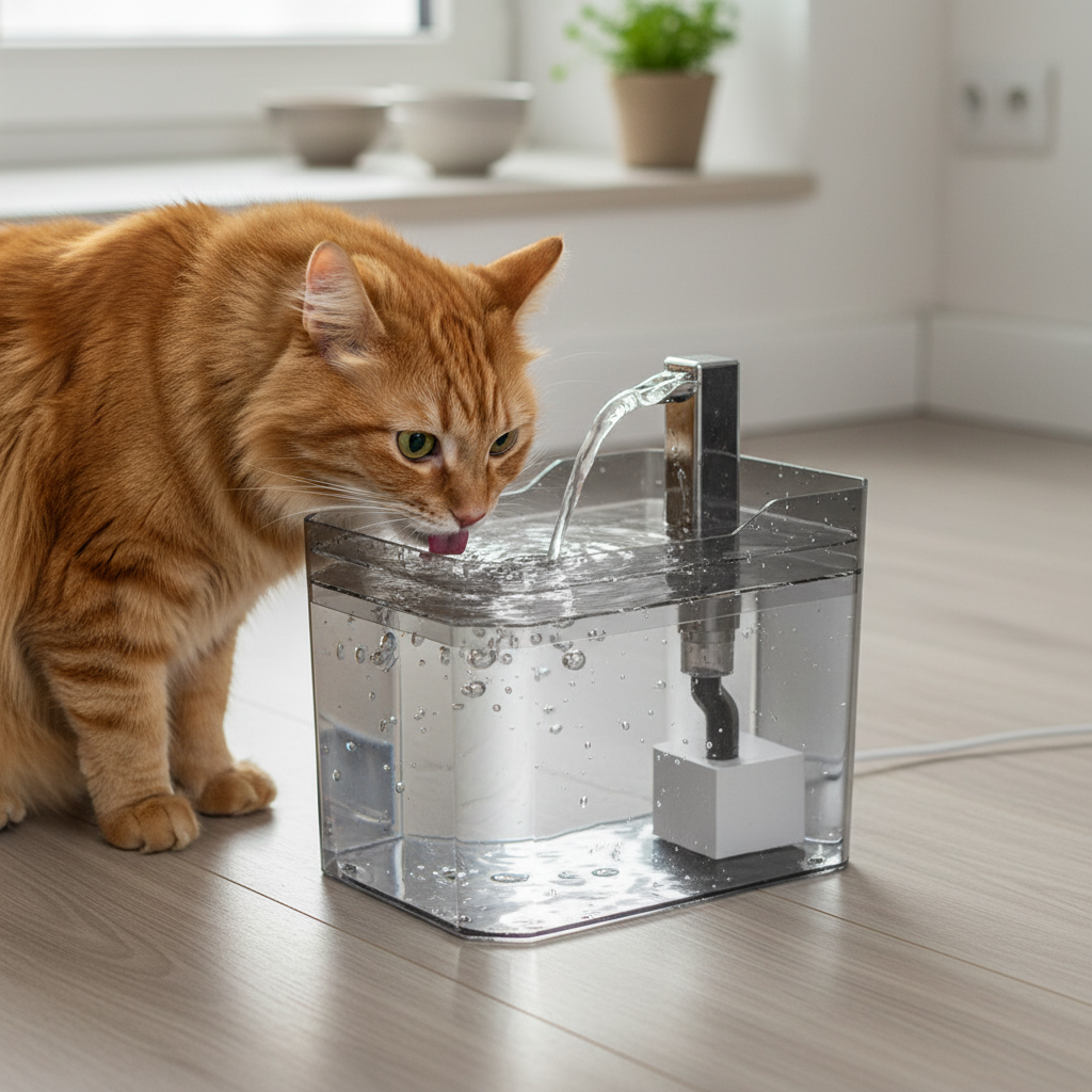 Cat drinking from Dropshipman automatic water fountain with filter, USB-powered self-circulating pet water dispenser.