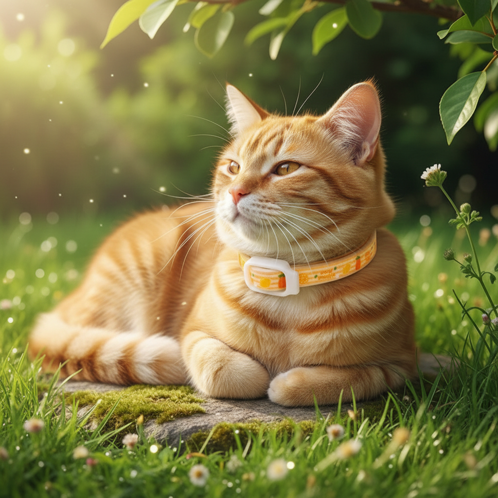 Cat wearing a cartoon pineapple flea and mosquito repellent collar for dogs and cats by Dropshipman.