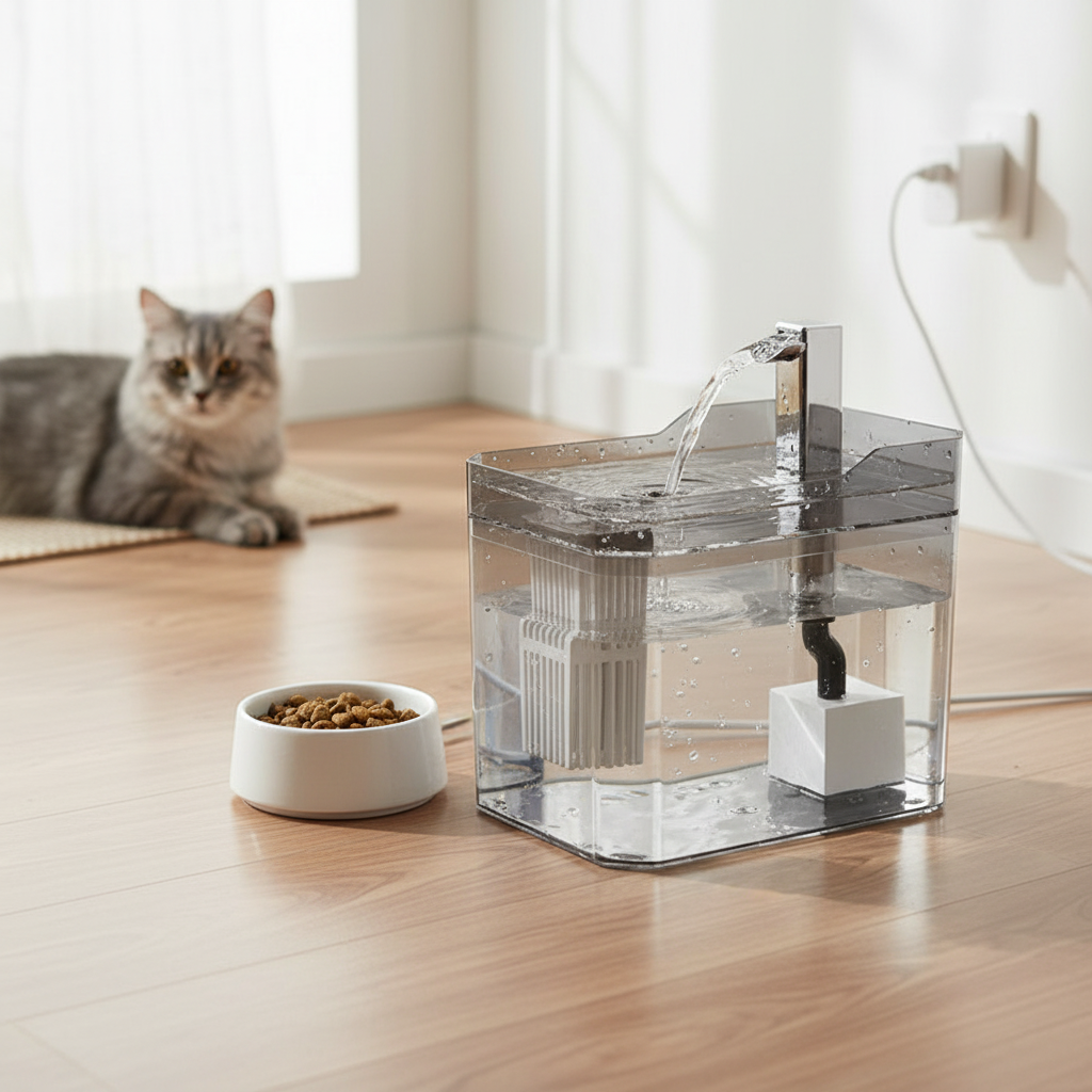 Automatic cat water fountain with filter from Dropshipman, USB-powered self-circulating pet water dispenser shown with clean, flowing water.