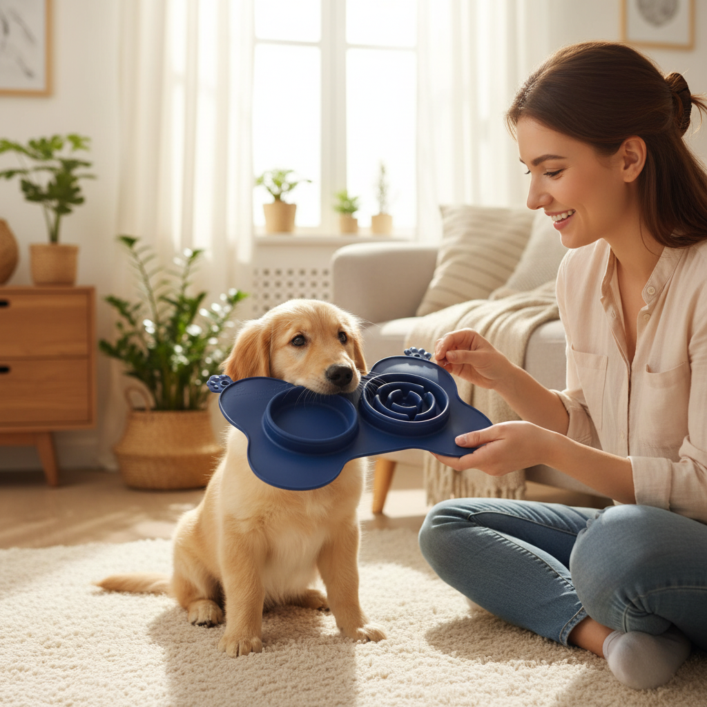 Dog holding silicone lick mat in mouth, looking up at owner, showcasing anti-slip slow feeder and anxiety relief features.