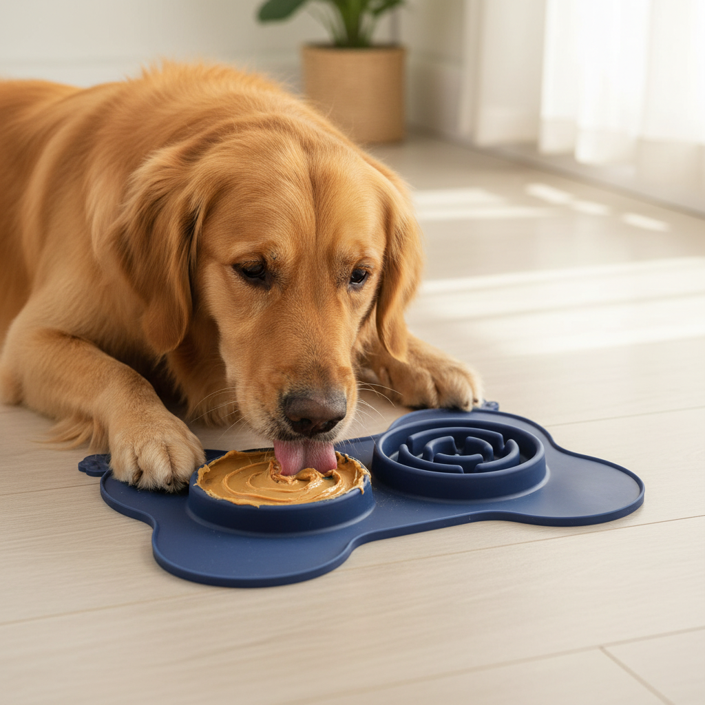 Navy blue silicone dog and cat lick mat in bone shape, anti-slip slow feeder designed for anxiety relief and entertainment.