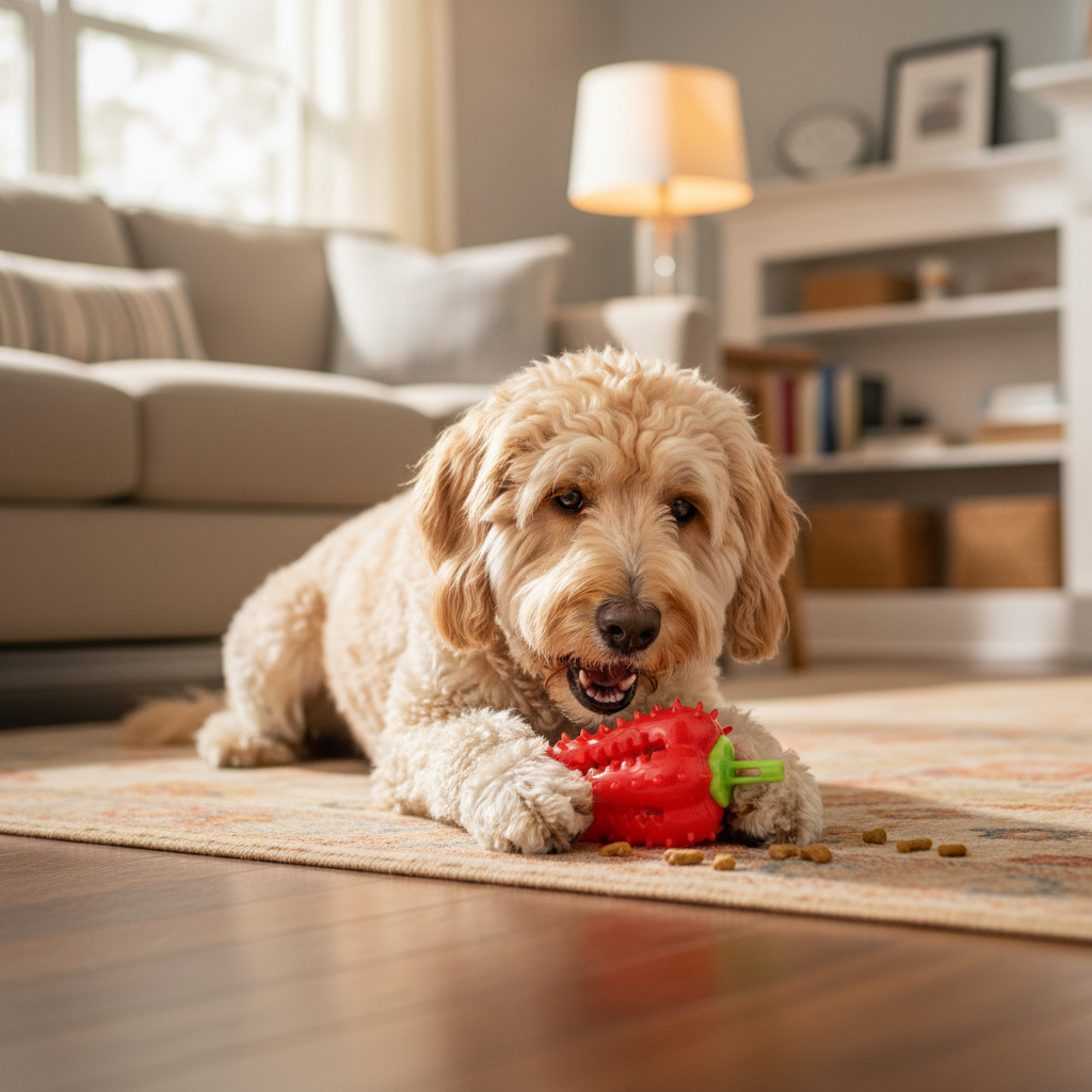 Dog playing with Dropshipman interactive treat dispensing chew toy for small, medium, and large dogs.