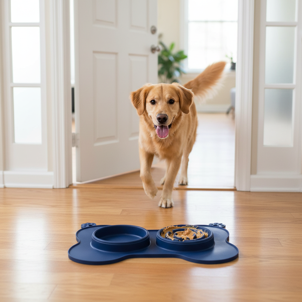 Dog trotting toward a silicone lick mat from Dropshipman, designed for slow feeding and anxiety relief after playtime.