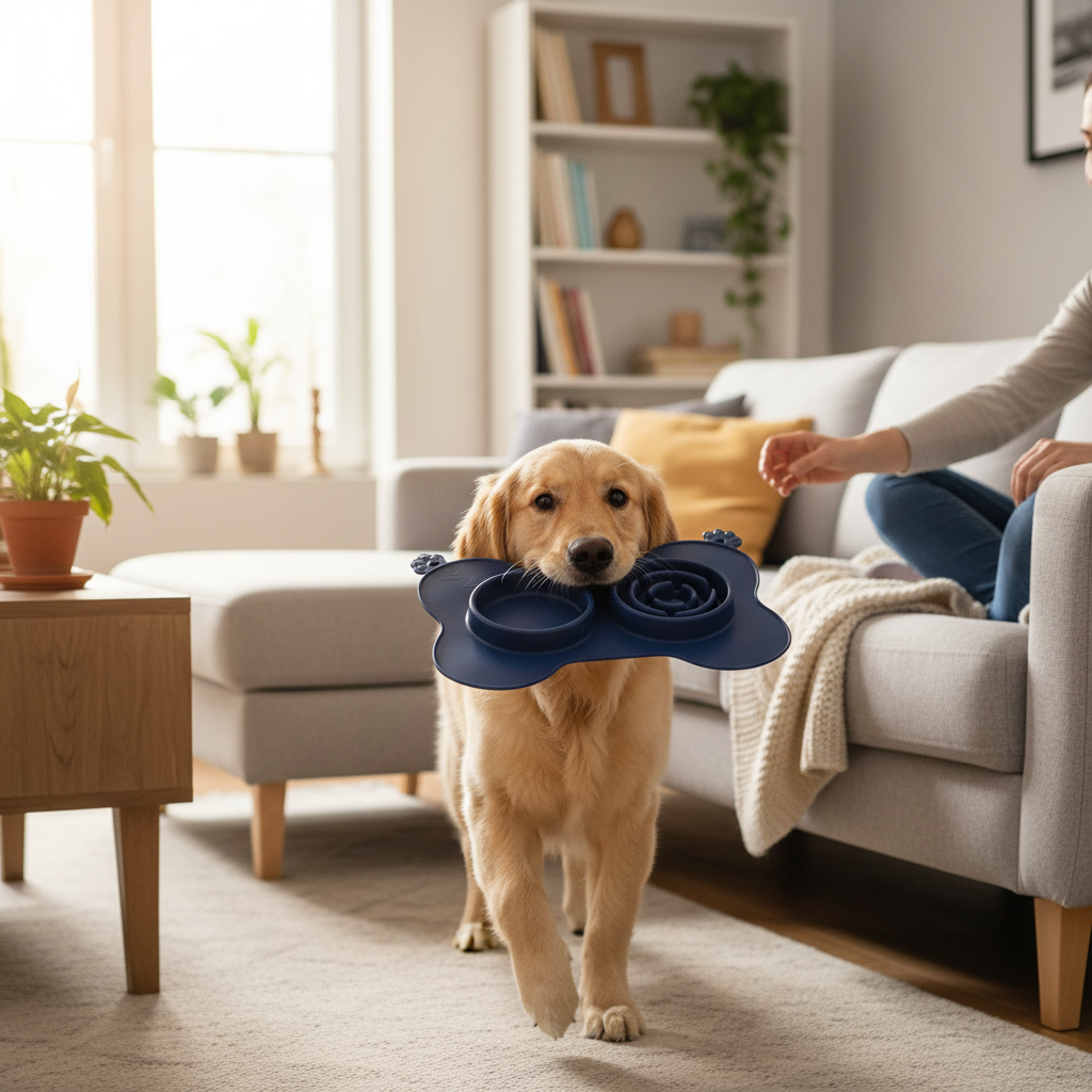 Dog walking towards owner with a Dropshipman silicone lick mat, an anti-slip slow feeder designed for dogs and cats.