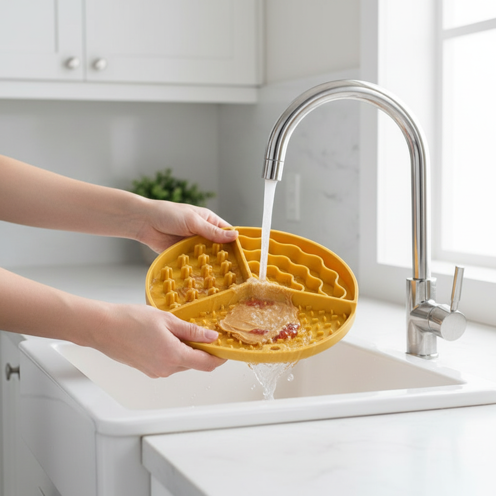 Dropshipman silicone slow feeder dog bowl with three compartments and lick mat, easy to clean, 21cm pet bowl for feeding and licking.