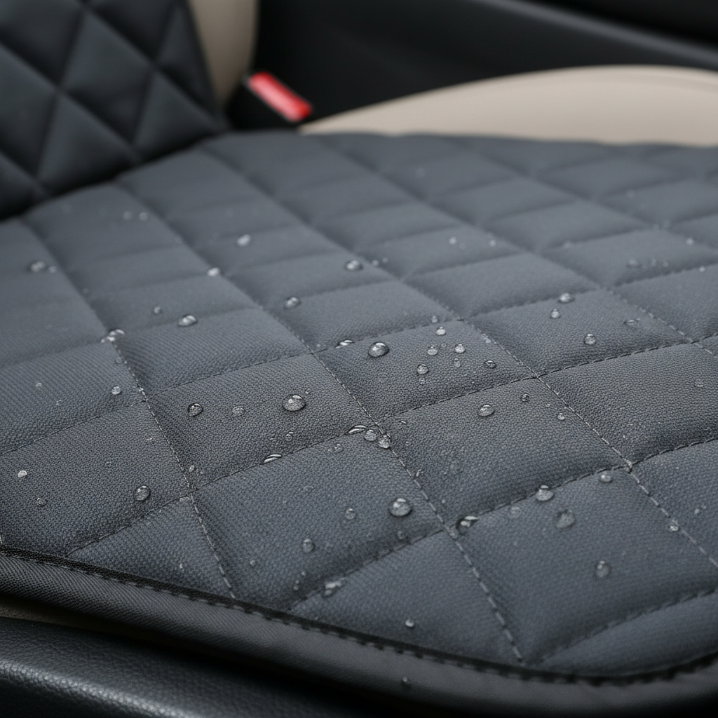 Close-up of waterproof, stain-resistant fabric on Dropshipman dog car seat, showing durable pet cushion material and stitching details.