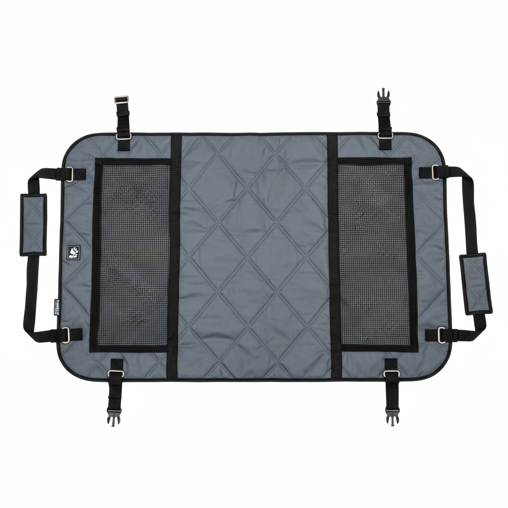 Dog car seat by Dropshipman, waterproof and stain-resistant pet cushion, shown flat with soft padding and secure straps.