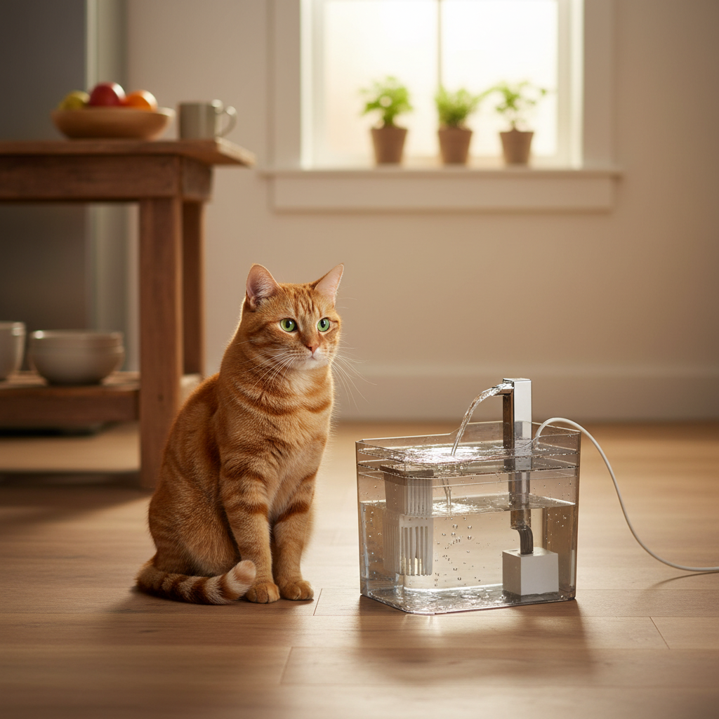 Happy cat drinking from Dropshipman automatic water fountain with filter, USB-powered self-circulating pet water dispenser.