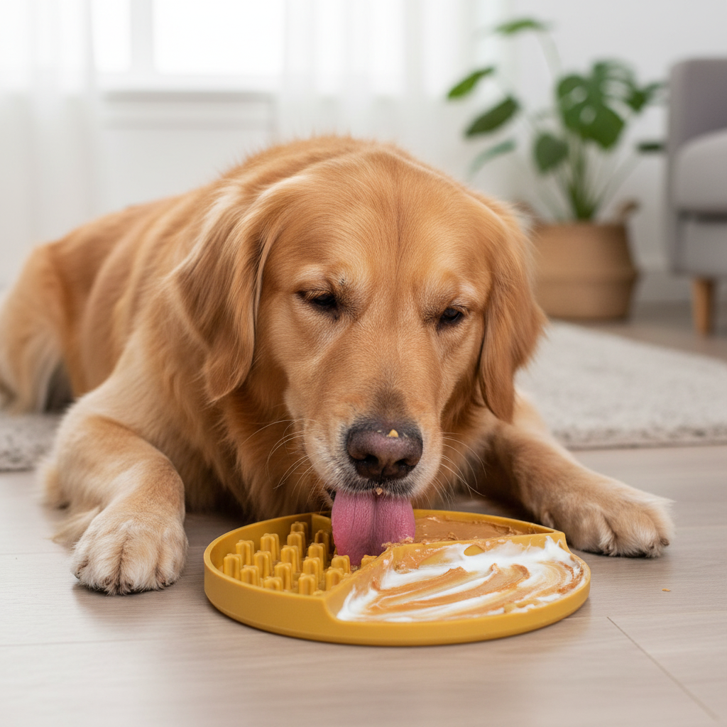 Happy dog using Dropshipman silicone slow feeder pet bowl with three compartments and lick mat, 21cm in size.