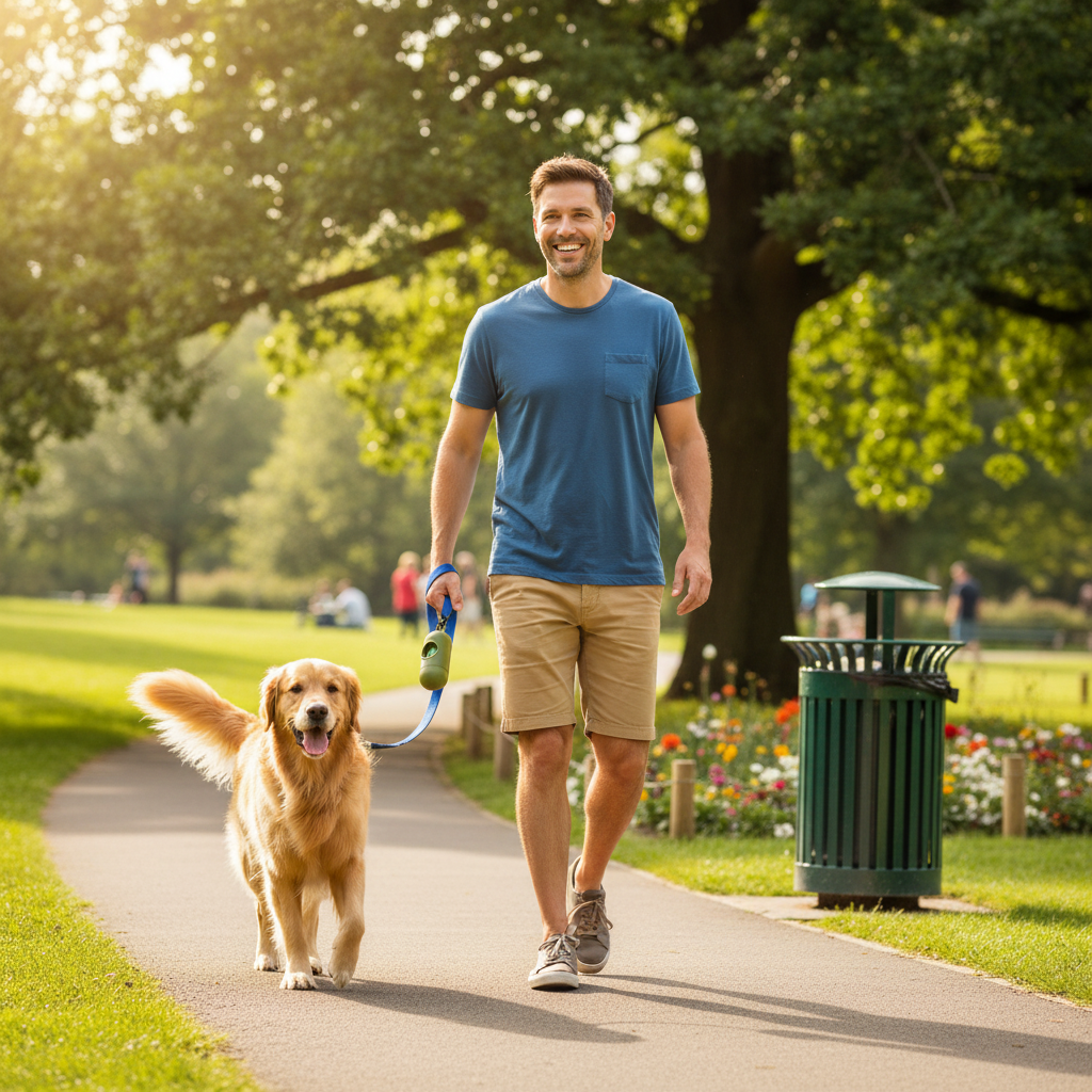 Happy man walking dog with extra thick, leak-proof dog poop bags by Dropshipman, demonstrating ease and durability during cleanup.