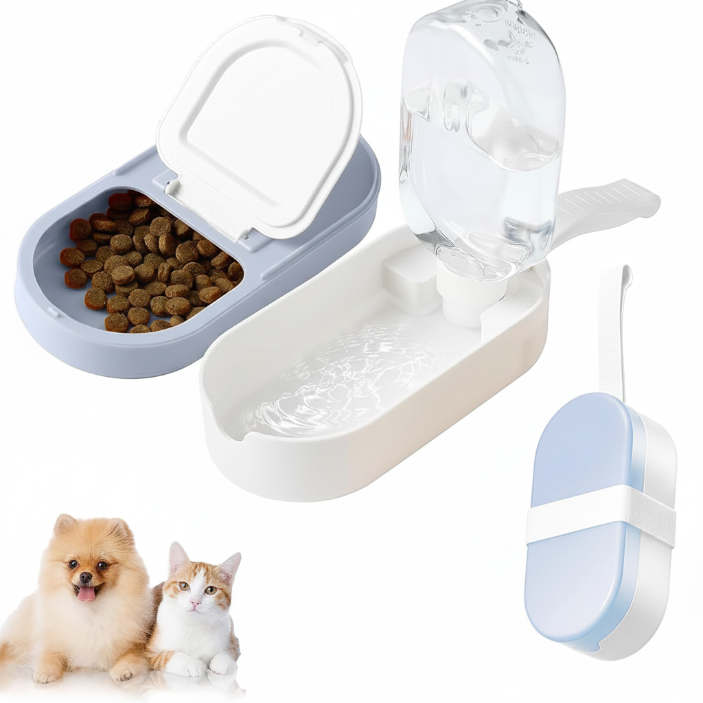 Dropshipman 2-in-1 dog water bottle and food container in use, portable travel pet dispenser for hydration and feeding on the go.
