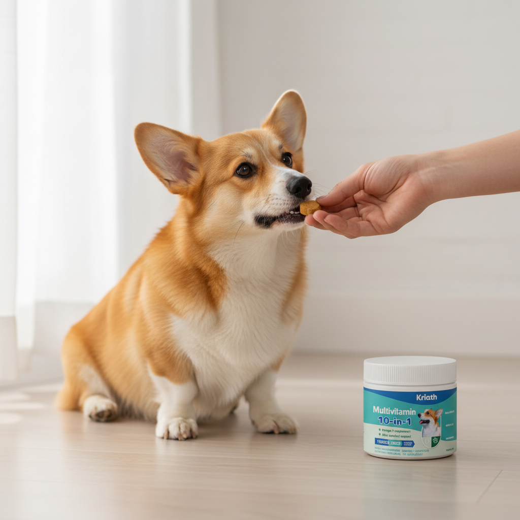 Dog health supplement chewable tablets by Dropshipman with glucosamine, probiotics, omega-3, shown in a lifestyle setting.
