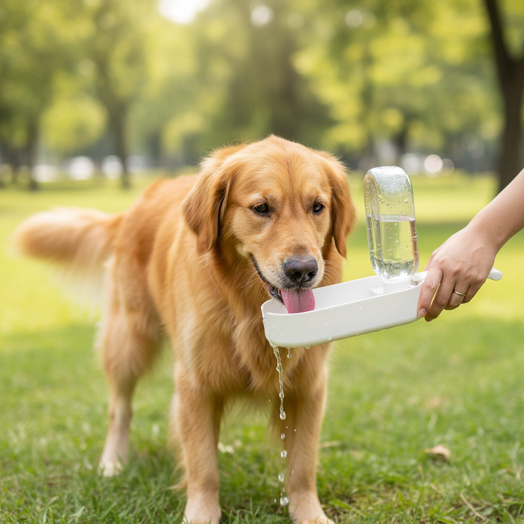Portable 2-in-1 dog water bottle and food container by Dropshipman, shown in a travel setting with a happy dog.