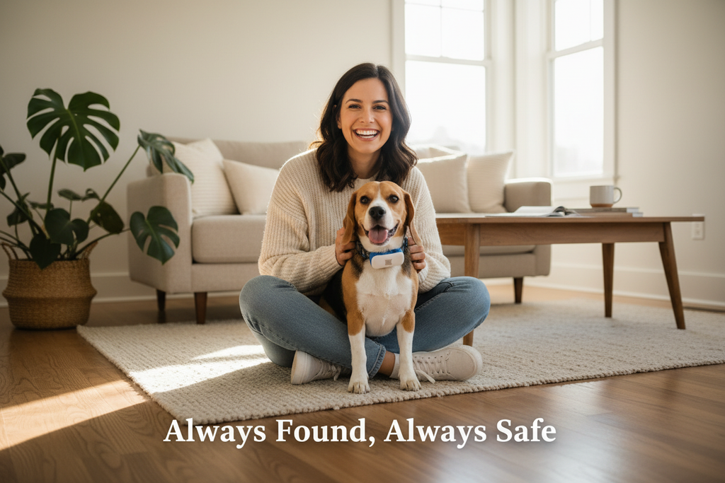 Dog GPS tracker by Dropshipman showing a real-time anti-lost pet tracking device with a secure home safety feature.