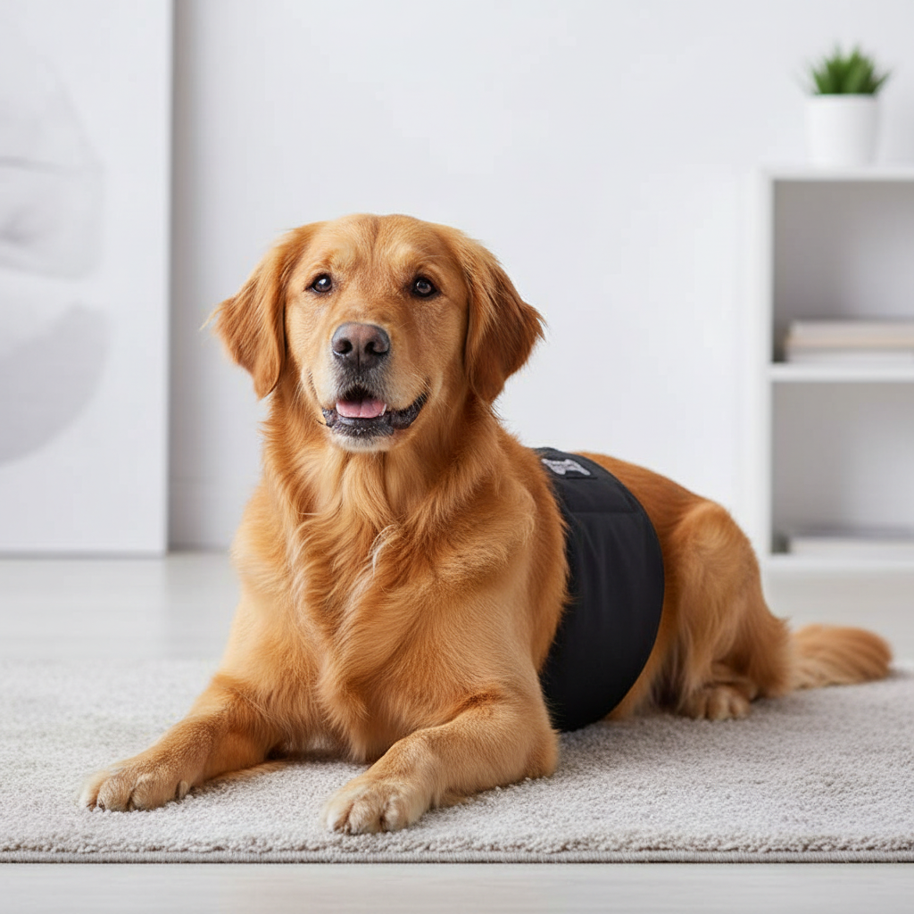 Male dog belly band diaper made of graphene fabric, washable and adjustable, shown on a dog for secure fit and comfort.