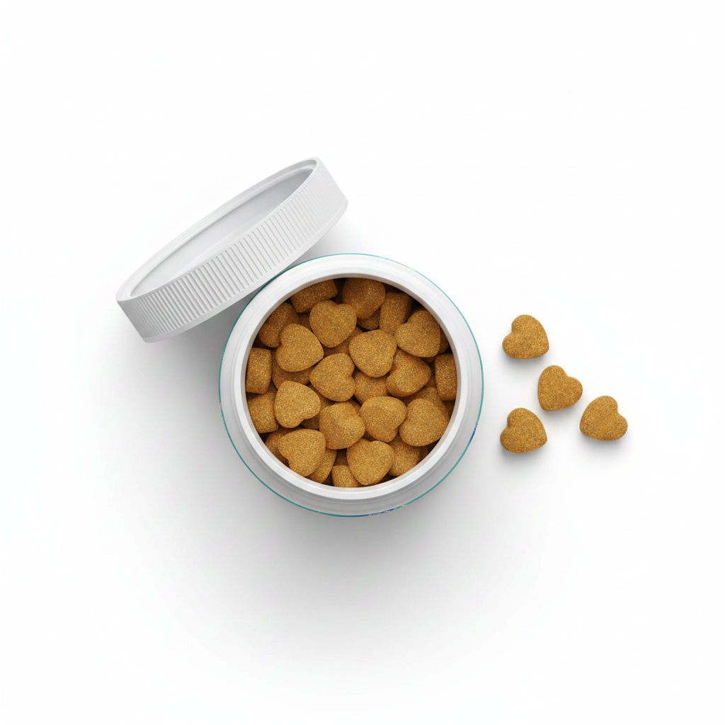 Open jar of dog health supplement chewable tablets with glucosamine, probiotics, and omega-3 from Dropshipman, top-down view.