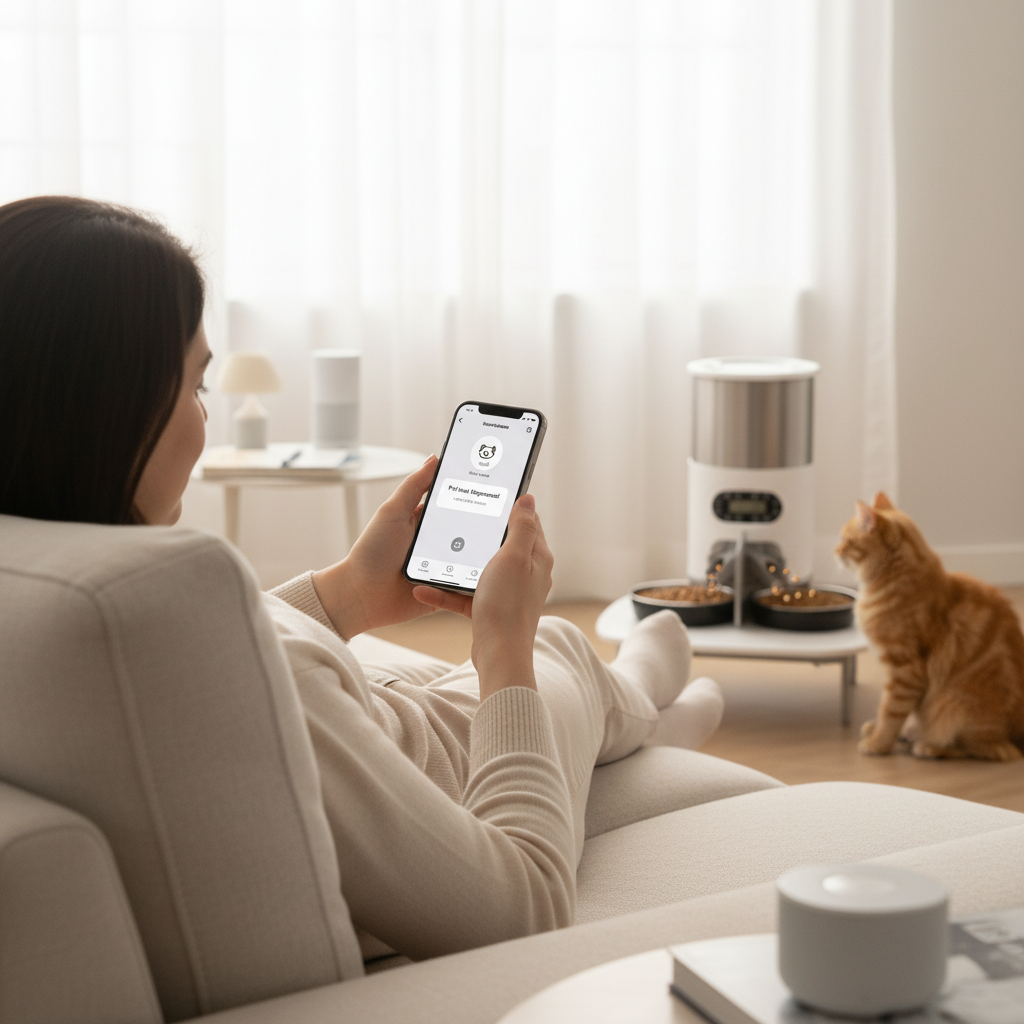 Automatic stainless steel pet food dispenser by Dropshipman with WiFi and button control, providing convenient feeding for pets.