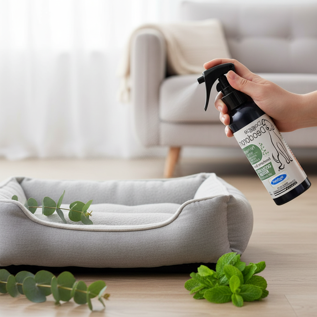 Dropshipman pet odor-neutralizing spray in use, 100ml bottle, neutralizes urine and pet smells effectively.