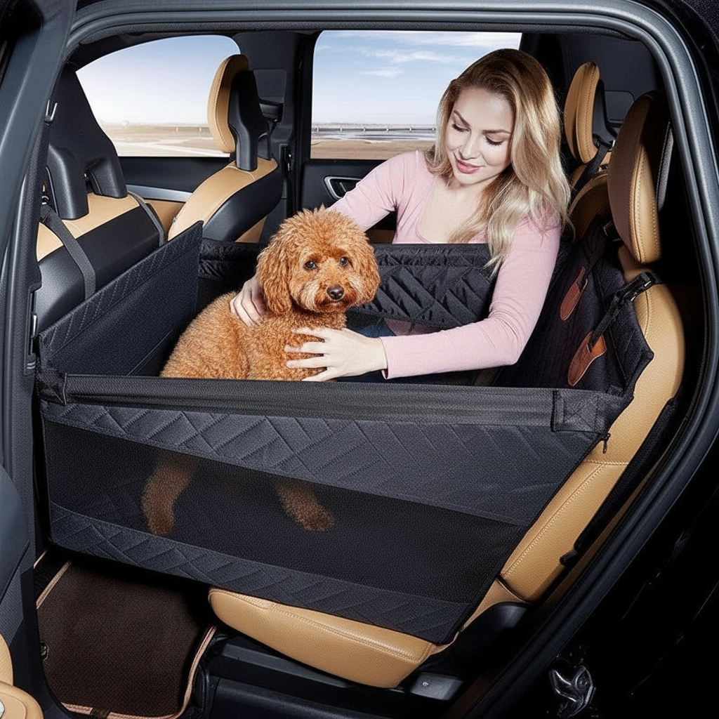 Dog car seat by Dropshipman with a poodle sitting on the waterproof, stain-resistant pet cushion for travel comfort.