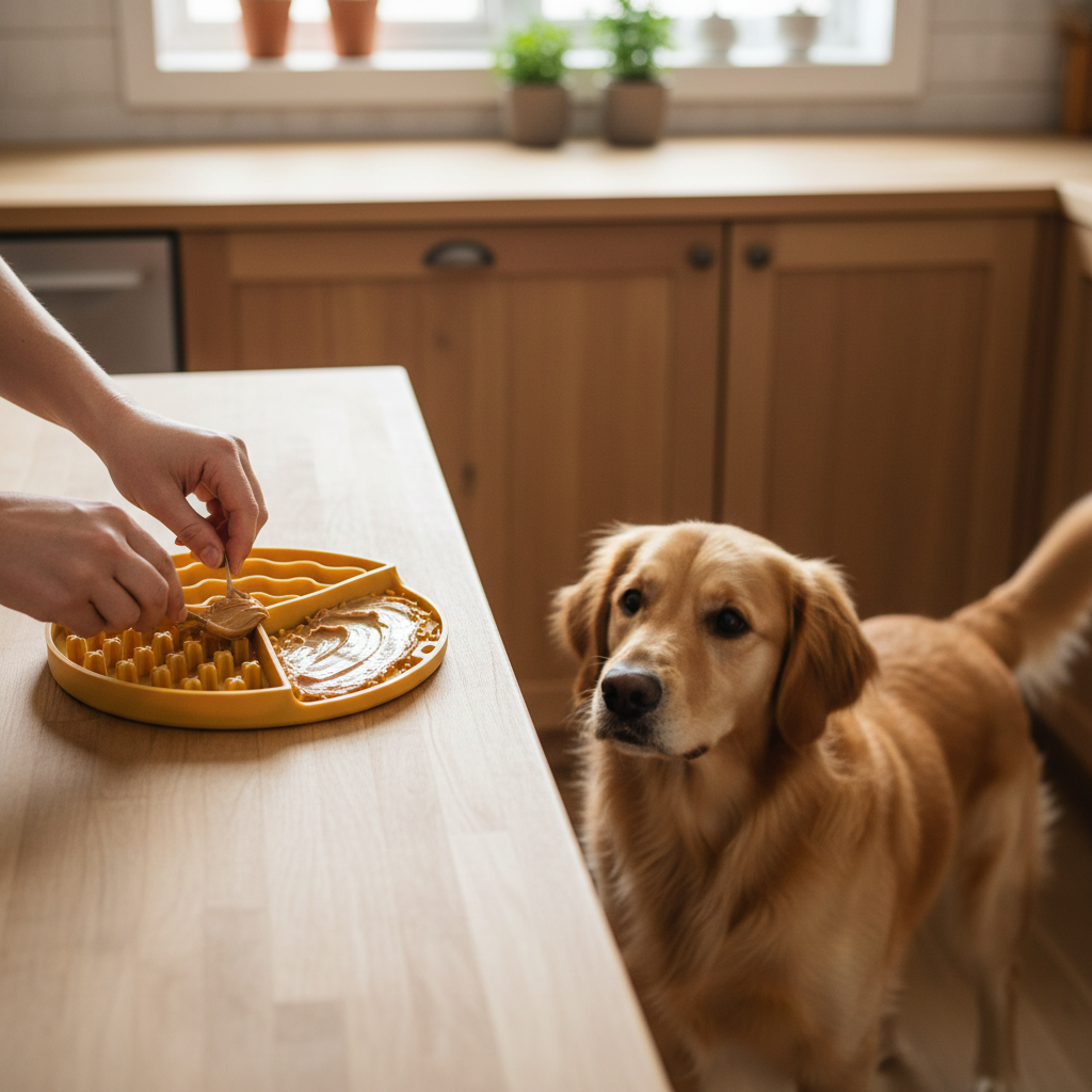 Dropshipman silicone slow feeder dog bowl with three compartments and lick mat, 21cm, designed for pet feeding and enrichment.