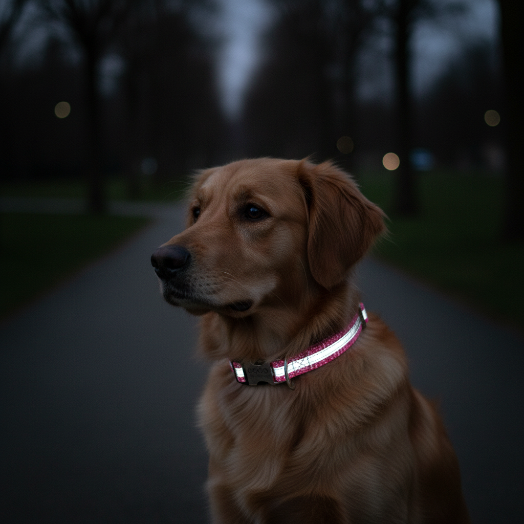 Reflective monogram dog collar from Dropshipman glowing at dusk, adjustable for small, medium, and large dogs.