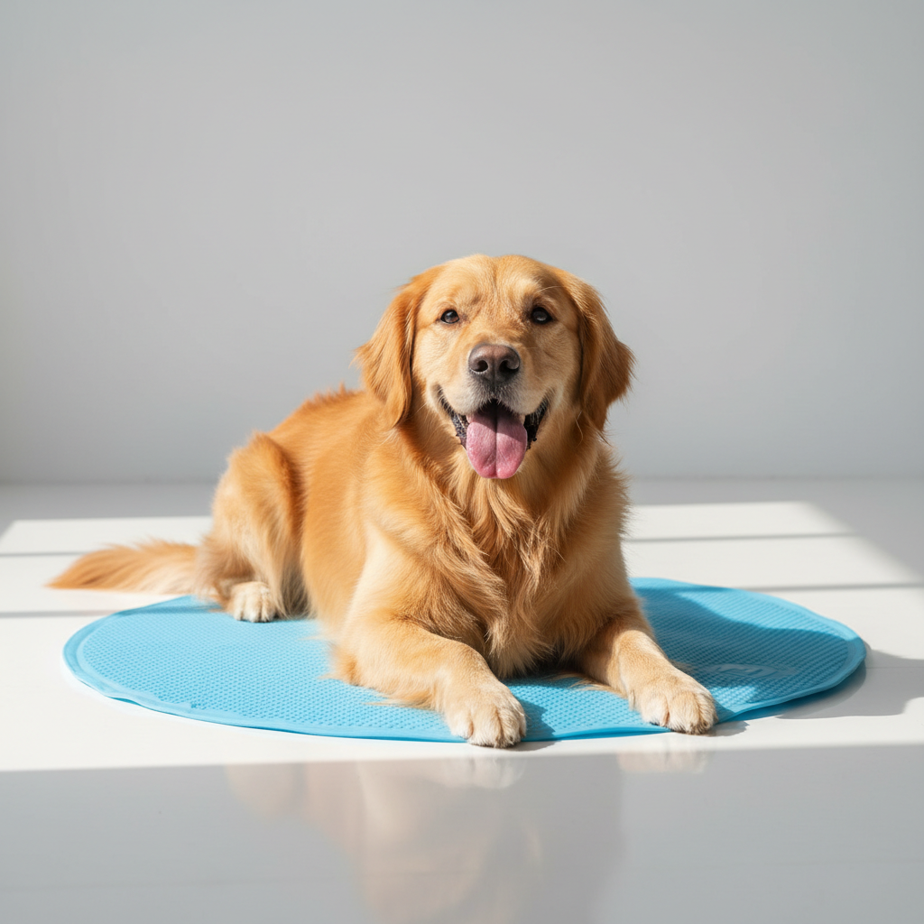 Round pet cooling mat for dogs and cats, summer ice pad, no electricity needed, made by Dropshipman, keeps pets cool comfortably.