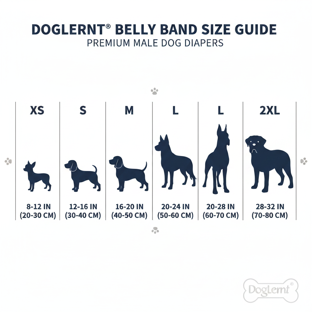 Size chart for Dropshipman male dog belly band diapers made of washable graphene fabric, available in XS to 2XL sizes.