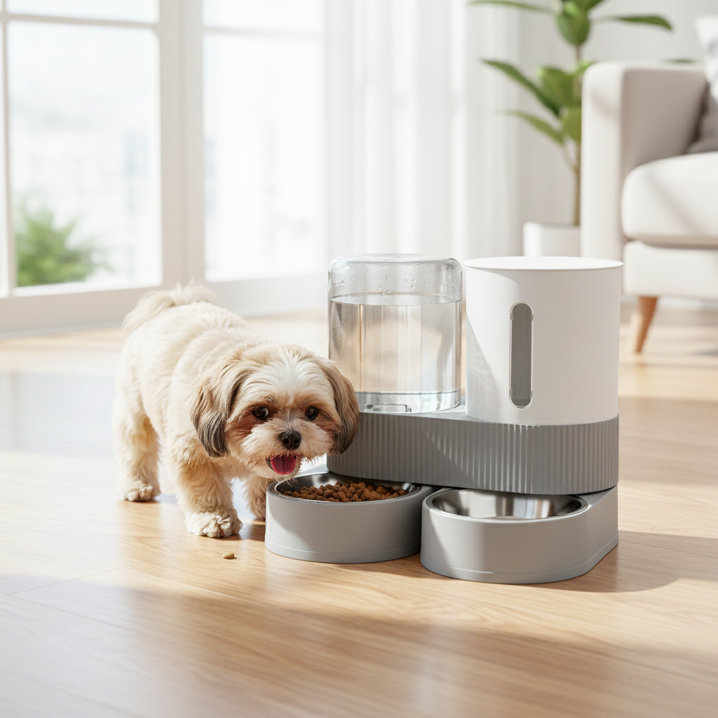 Dropshipman gravity pet food and water dispenser set for small dogs and cats, includes silicone mat for mess-free feeding.