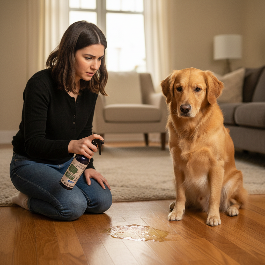 Dropshipman Pet Odor-Neutralizing Spray being sprayed on the floor to eliminate urine and pet smells, 100ml bottle