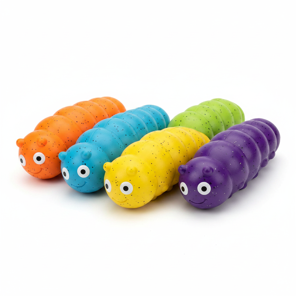 Durable squeaky dog toy for aggressive chewers, food-grade materials, shown in various colors, from Dropshipman.