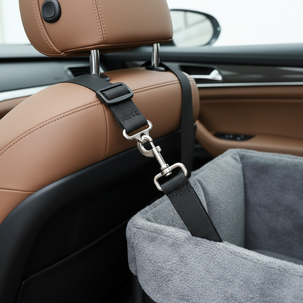 Strap installation of Dropshipman waterproof dog car seat with stain-resistant pet cushion, showing secure attachment process.