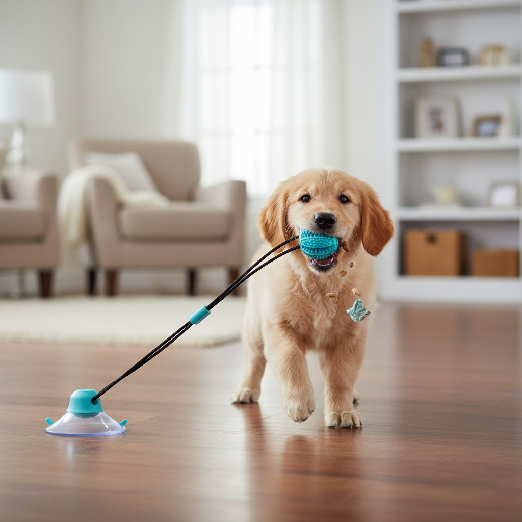 A golden retriever puppy holds a blue squeaky toy in its mouth while pulling a suction-cup toy on a black handle across a polished wooden floor in a bright living room.
