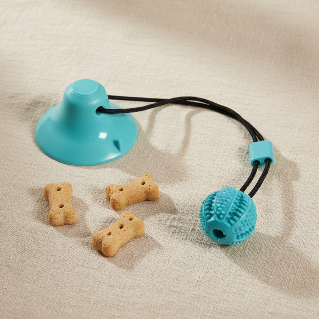 A pet toy set on a textured beige fabric background, featuring a turquoise plastic suction cup, a matching turquoise textured ball on a black elastic cord, and three small bone-shaped dog treats.
