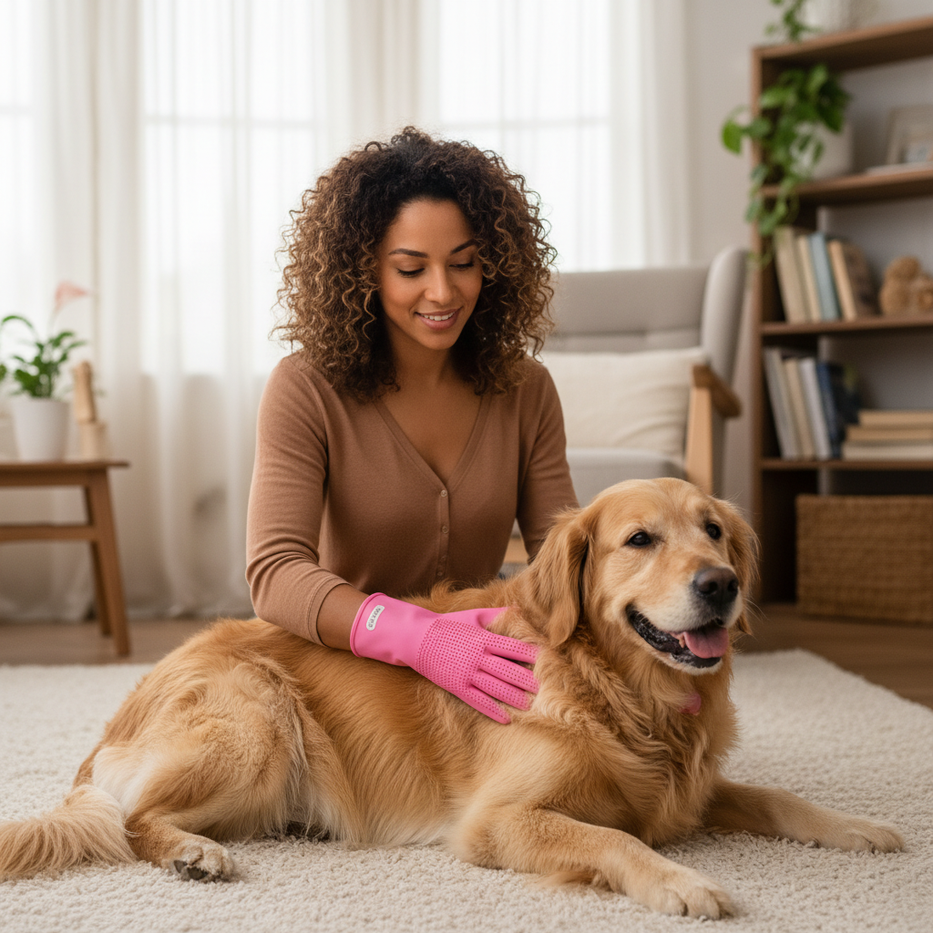 Pet grooming gloves for cats and dogs by Dropshipman, five-finger deshedding and massage mitt with soft bristles.