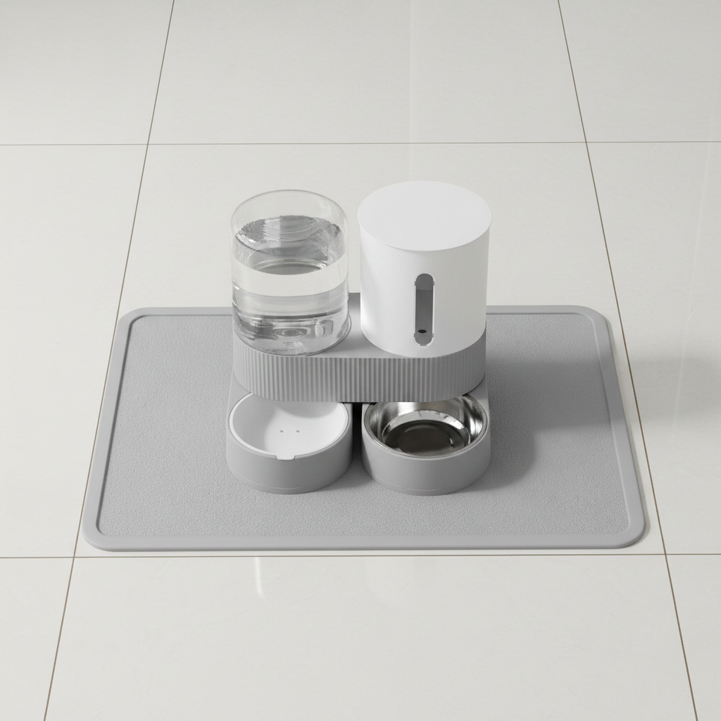 Top-down view of Dropshipman gravity pet food and water dispenser set with silicone mat for cats and small dogs.