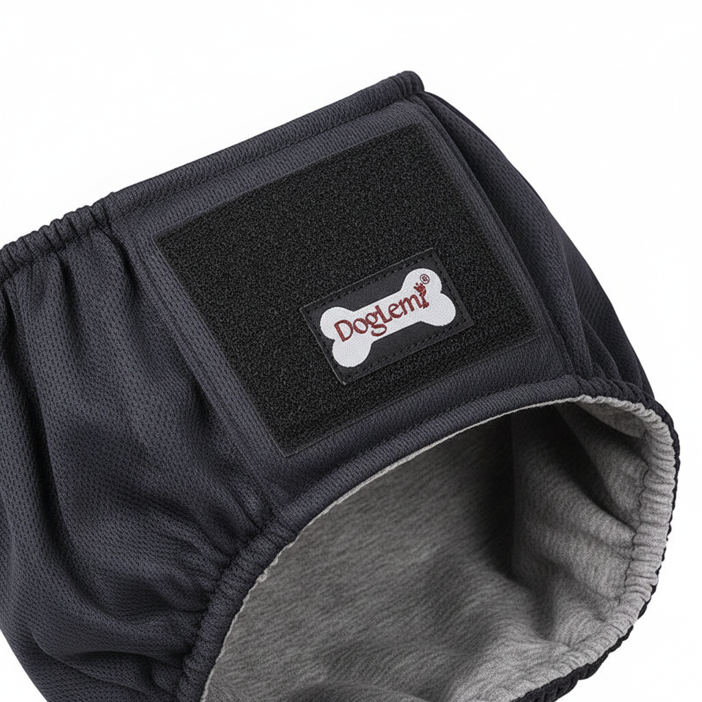 Close-up of washable male dog belly band diaper with velcro closure, made of graphene fabric in XS to 2XL sizes.